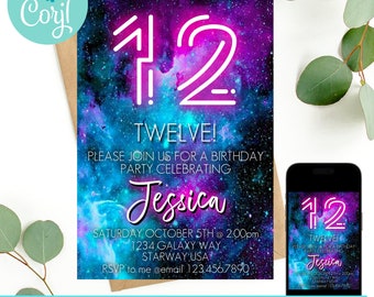 May include: A printable invitation for a 12th birthday party with a galaxy theme. The invitation features a neon pink and blue design with the number 12 in a white outline. The text reads "TWELVE! Please join us for a birthday party celebrating Jessica. Saturday, October 5th @ 2:00pm. 1234 Galaxy Way, Starway USA. RSVP to me @email 123.456.7890."