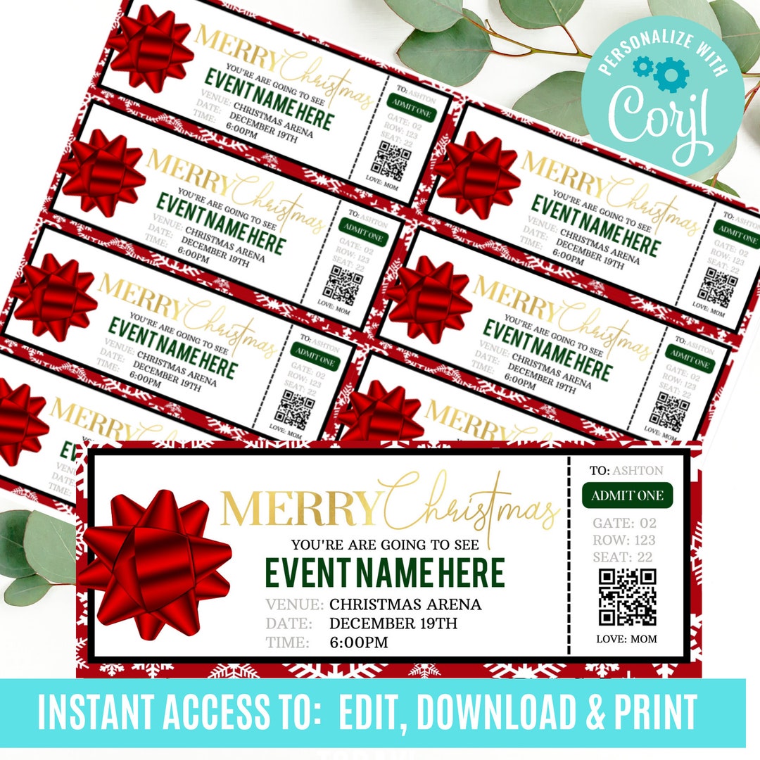 Surprise Christmas Gift, Event Ticket Pintables, Editable Event Tickets
