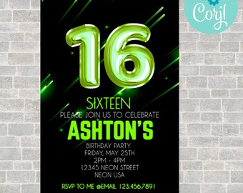 16th birthday, 16th birthday invitation, birthday invitation, birthday invitations for boys, Neon Birthday Invite, boys 16th birthday