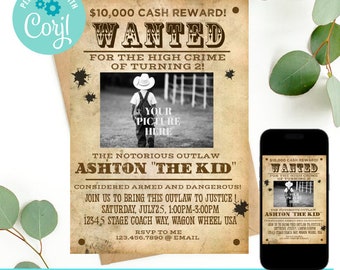 Editable Wanted Poster Invitation, Cowboy Birthday Invitation, Cowboy Party, Picture, Western Birthday Party Invitation