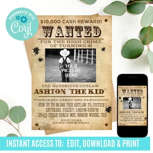 Editable Wanted Poster Invitation, Cowboy Birthday Invitation, Cowboy Party, Picture, Western Birthday Party Invitation, 4th birthday
