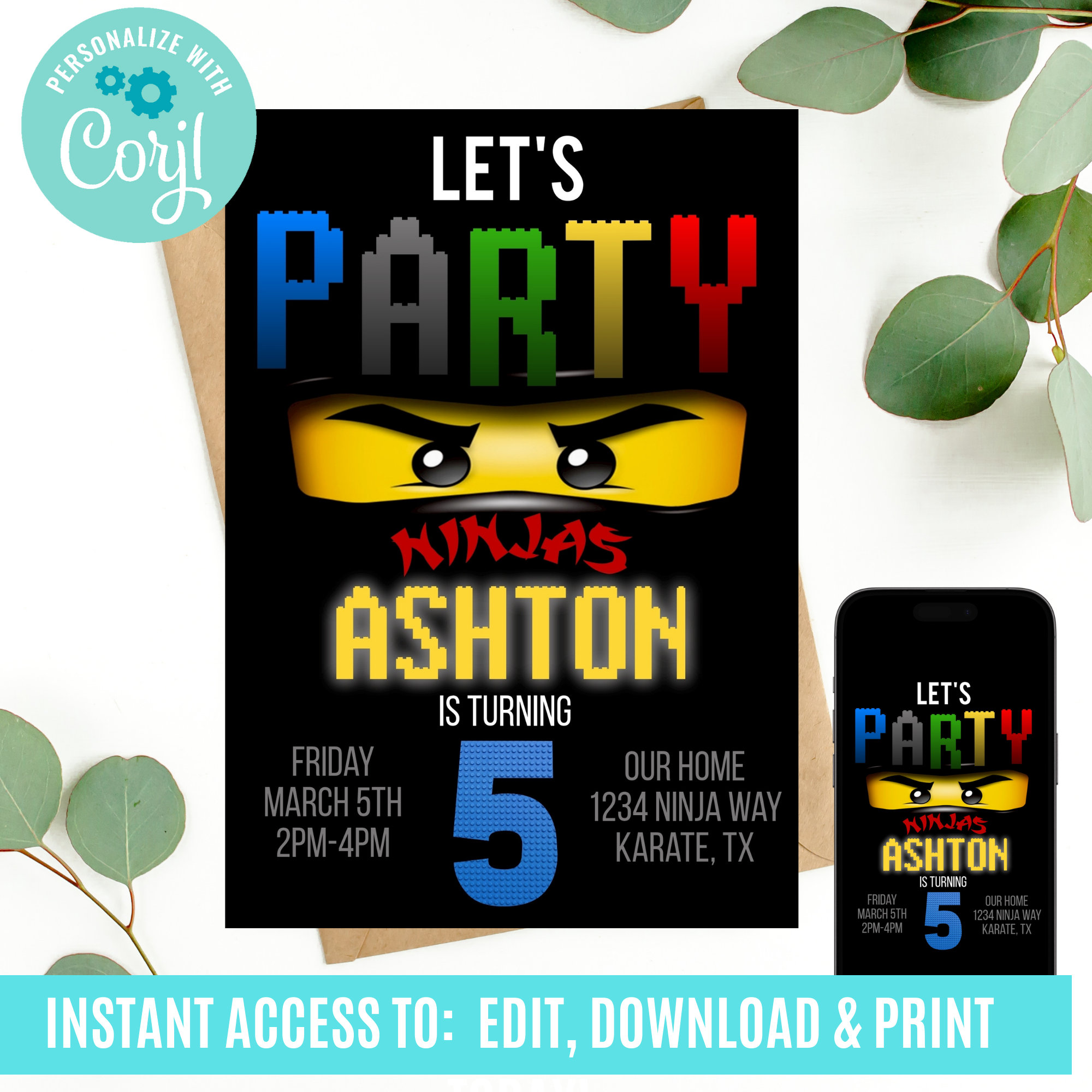 Invitation d'anniversaire de ninjas, fête ninja, anniversaire ninja, invitation d'anniversaire ninja