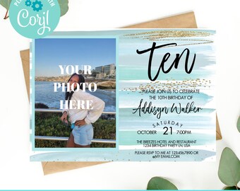 10th birthday photo invitation girl, double digits birthday invitation, 10th birthday invite, birthday invitation, tenth birthday party