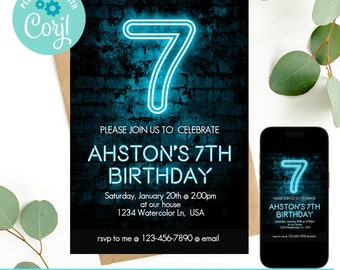 Any Age, Neon Light Birthday Invitation, 7th Birthday Invitation, Boys 7th Birthday Invitation, Glow in the dark birthday Invitation