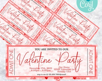 May include: A pink and white printable Valentine's Day party invitation with a heart pattern. The invitation says "You are invited to our Valentine Party" with the date, time, and location. It also says "RSVP to me @ 123.456.7890@email".