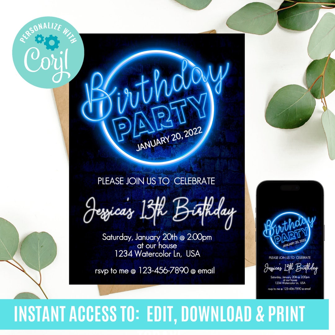 Neon Birthday Invitation, Neon Light Birthday Invitation, Glow Party ...