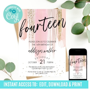 14th birthday, girl invitations, teen birthday invitation,  birthday invitation, confetti invitation, teenage girl birthday