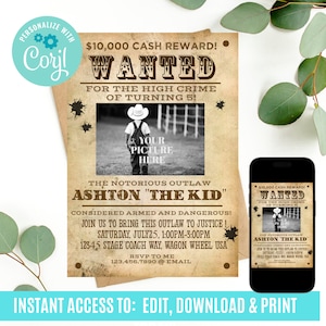 Editable Wanted Poster Invitation, Cowboy Birthday Invitation, Cowboy Party, Picture, Western Birthday Party Invitation, 5th birthday