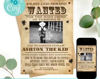 Editable Wanted Poster Invitation, Cowboy Birthday Invitation, Cowboy Party, Picture, Western Birthday Party Invitation, 5th birthday