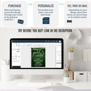 Peut inclure: Un &eacute;cran d'ordinateur affichant un mod&egrave;le d'invitation vert et blanc avec le texte "you're invited" sur un fond vert avec des lumi&egrave;res blanches. Le mod&egrave;le est en cours d'&eacute;dition dans un programme de conception avec une barre d'outils sur les c&ocirc;t&eacute;s gauche et droit de l'&eacute;cran.