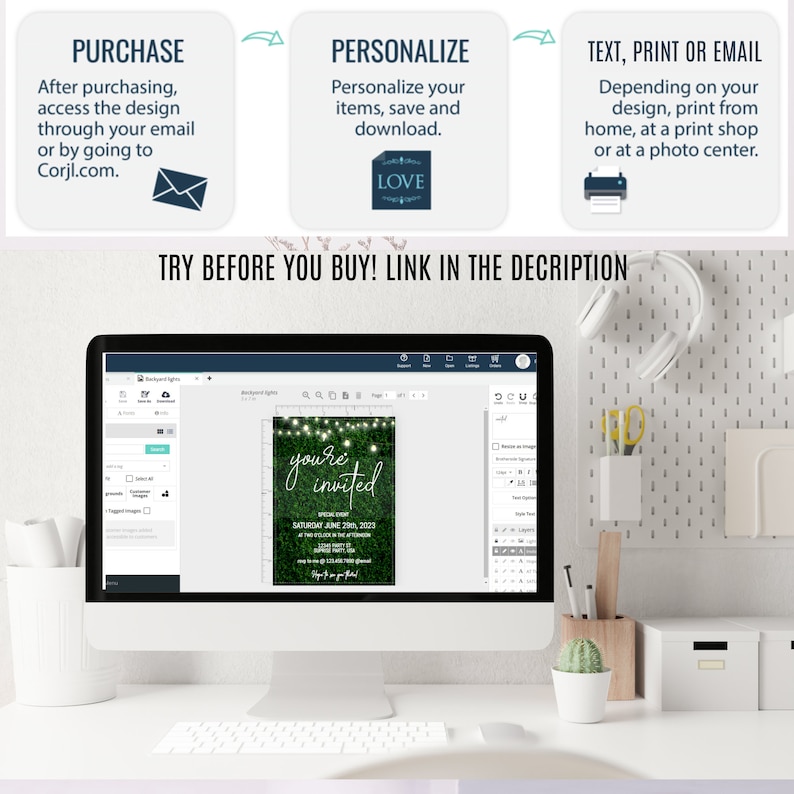 Peut inclure: Un &eacute;cran d'ordinateur affichant un mod&egrave;le d'invitation vert et blanc avec le texte "you're invited" sur un fond vert avec des lumi&egrave;res blanches. Le mod&egrave;le est en cours d'&eacute;dition dans un programme de conception avec une barre d'outils sur les c&ocirc;t&eacute;s gauche et droit de l'&eacute;cran.