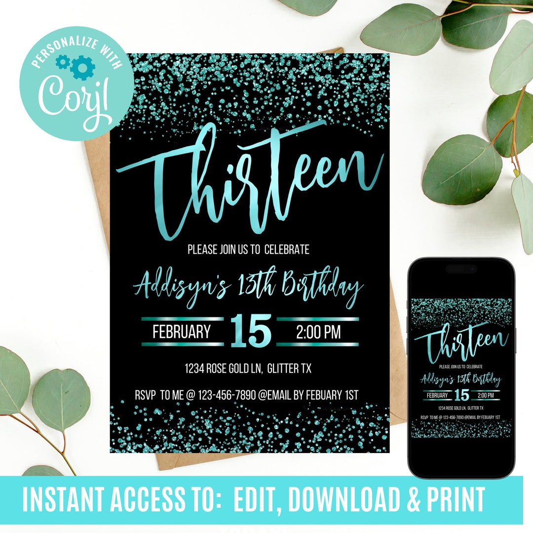 13th Birthday, Girl Invitations, Teen Birthday Invitation, Teal ...