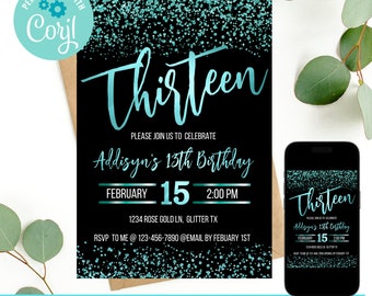 13th birthday, girl invitations, teen birthday invitation, teal birthday invitation, confetti invitation, teenage girl birthday