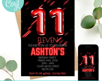 11th birthday, 11th birthday invitation, birthday invitation, birthday invitations for boys, Neon Birthday Invite, boys 11th birthday