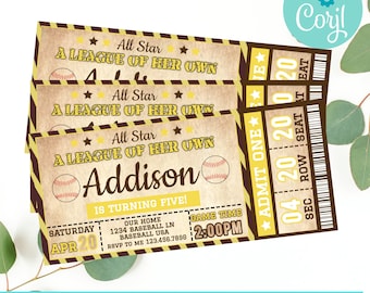 A League of her own baseball invitation, Baseball ticket invitation, Baseball Birthday, All Star, Softball birthday invitation