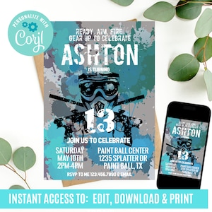 Any Age, Paintball Birthday Invitation, Paintball Invitation, Paintball Editable Invitation, Paintball Invite, Paintball Party