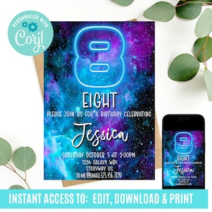 Galaxy Birthday Invitation, eighth birthday invitation, 8th birthday invitation, galaxy theme digital invitation, neon birthday invite