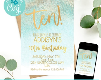 10th birthday invitation girl, double digits birthday invitation, 10th birthday invite, birthday invitation, birthday invite template