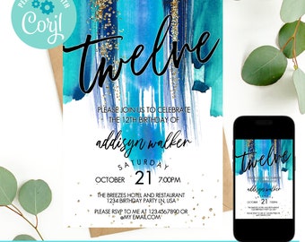 May include: A blue and gold watercolor birthday invitation with the text "Twelve" in black script. The invitation is for a 12th birthday party for Addyson Walker on Saturday, October 21st at 7:00 PM. The party will be held at The Breezes Hotel and Restaurant. The invitation includes a phone number and email address for RSVP.