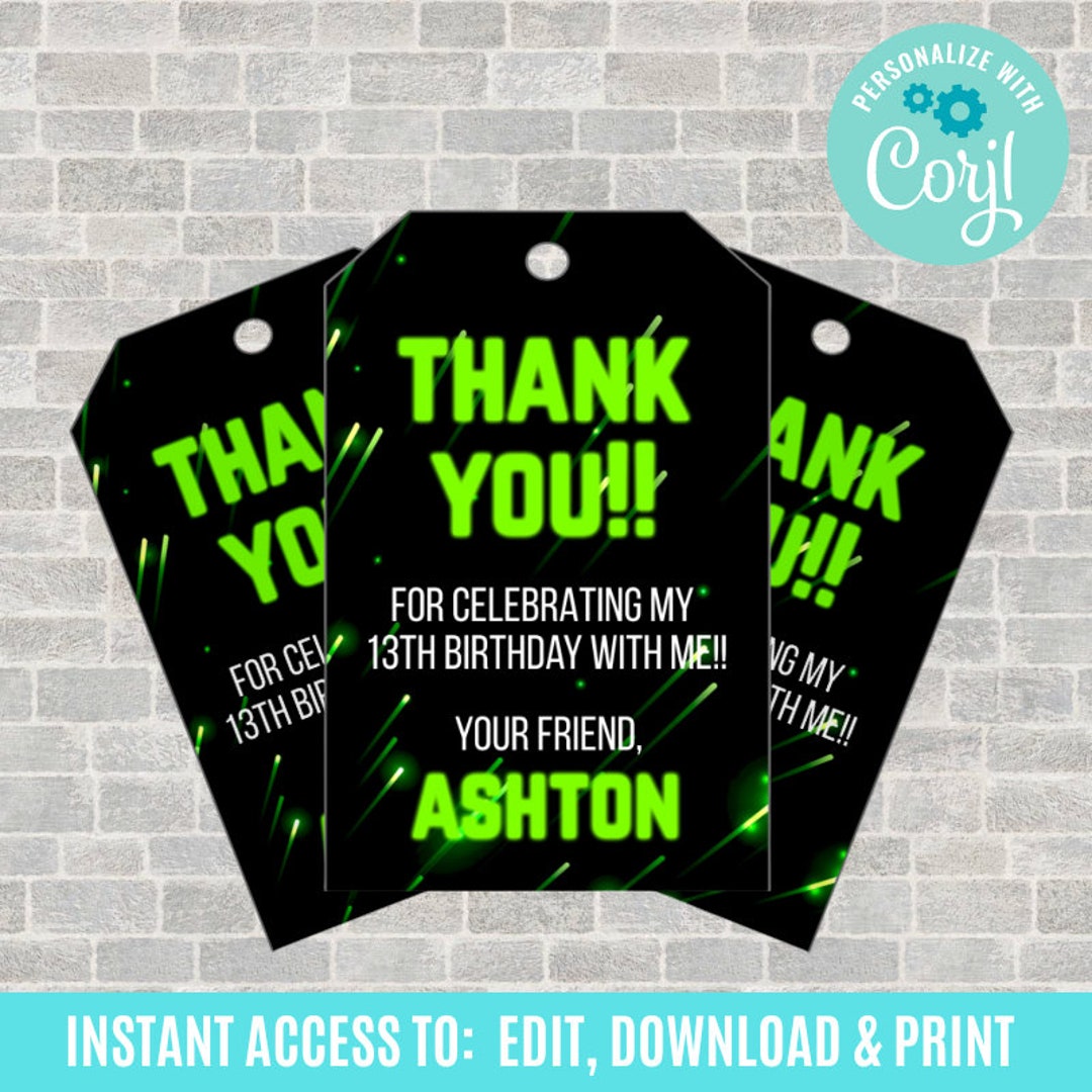 Laser Tag Gift Tags, Glow Thank You Tags, Editable Gift Tags, Neon