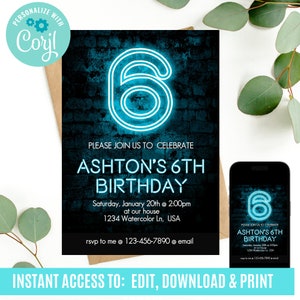 Neon Light Birthday Invitation, 6th Birthday Invitation, Glow in the dark party,  EDITABLE Boy 6th birthday invitation, Neon Blue Birthday