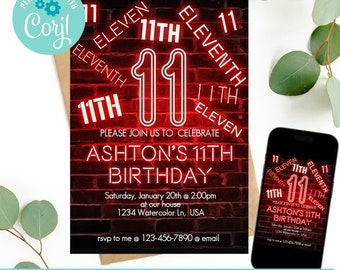 11th birthday, 11th birthday invitation, birthday invitation, birthday invitations for boys, Neon Birthday Invite, boys 11th birthday