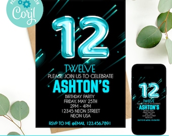 12th birthday, 12th birthday invitation, birthday invitation, birthday invitations for boys, Neon Birthday Invite, boys 12th birthday