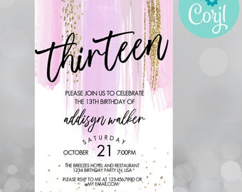 13th birthday invitation, 13th birthday party invitation, thirteenth birthday invitation, modern birthday invitation, 13th birthday invite