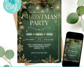 Christmas Party Invitation, xmas Celebration Invitation, Holiday Party Invite, Elegant Green Christmas Invitation, Emerald green invitation