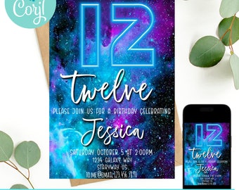 May include: A printable invitation for a 12th birthday party with a galaxy theme. The invitation features a neon blue and purple number 12 with the text "twelve" and "Jessica" on a galaxy background.