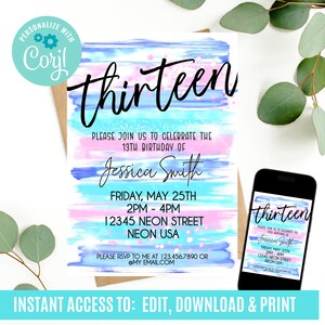 Neon birthday invitation, 13th birthday invitation, thirteenth birthday invitation, Glow in the dark invitation,  Neon birthday invite