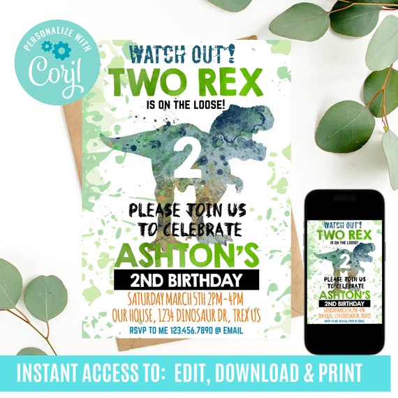 TRex Invitation, 2nd Birthday Invitation Instant Download, TRex Invite Printable Dinosaur 2nd Birthday T-Rex Invite Template