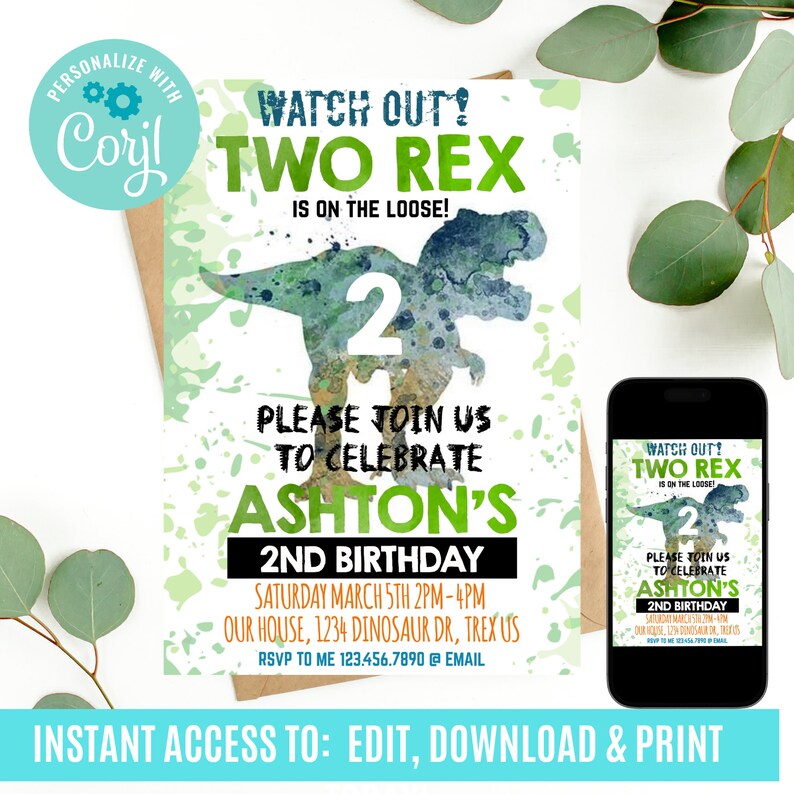 May include: A printable invitation for a 2nd birthday party with a dinosaur theme. The invitation features a green and blue watercolor dinosaur with the text "Watch Out! Two Rex is on the loose!" and "Please join us to celebrate Ashton's 2nd Birthday".