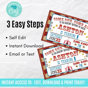 May include: Editable printable invitation for a birthday party with a circus theme. The invitation features a red and white striped tent, balloons, and the text "Come One, Come All to the Greatest Birthday on Earth! Ashton is Turning 1. Saturday June 22, 2:00-4:00 PM".