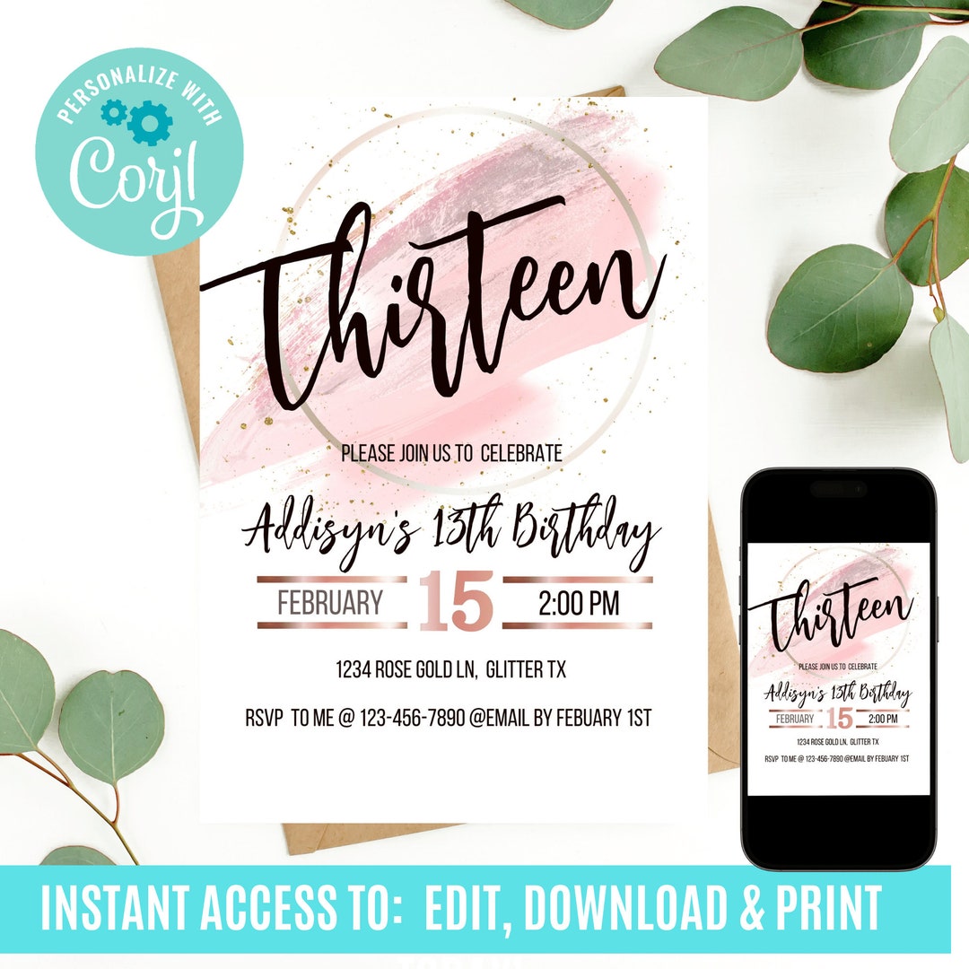 13th Birthday, Girl Invitations, Teen Birthday Invitation, Rose Gold ...