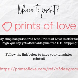 May include: White background with the text "Where to print?" in a handwritten style. Below, the text "prints of love" is in pink, with a heart-shaped graphic. The text "My shop has partnered with Prints of Love..." is in a black bar. A link is provided.