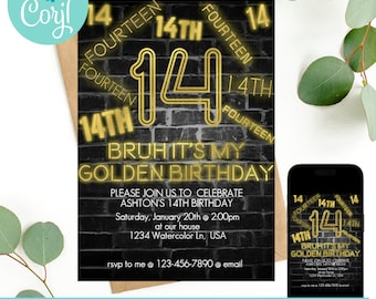 Bruh birthday invitation, 14th birthday invitation, bruh invite, Neon birthday invitation, Golden Birthday, Bruh it's my birthday