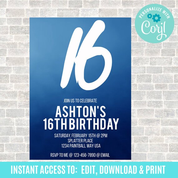 16th Birthday Invitation 16th Birthday Boy Sixteen Birthday Etsy