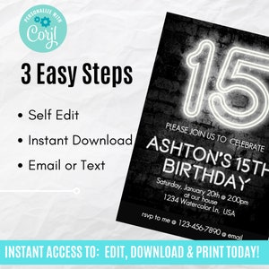 Peut inclure: Invitation d'anniversaire noire et blanche avec un n&eacute;on qui dit "15" et le texte "Veuillez vous joindre &agrave; nous pour c&eacute;l&eacute;brer le 15e anniversaire d'Ashton. Samedi 20 janvier &agrave; 14h00 &agrave; notre domicile. 1234 Watercolor Ln, USA. rsvp &agrave; moi @ 123-456-7890 @ email".