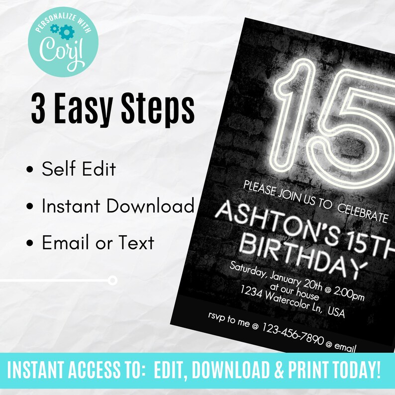 Peut inclure: Invitation d'anniversaire noire et blanche avec un n&eacute;on qui dit "15" et le texte "Veuillez vous joindre &agrave; nous pour c&eacute;l&eacute;brer le 15e anniversaire d'Ashton. Samedi 20 janvier &agrave; 14h00 &agrave; notre domicile. 1234 Watercolor Ln, USA. rsvp &agrave; moi @ 123-456-7890 @ email".