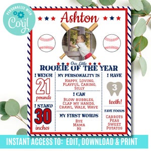 Rookie of the Year First Birthday Milestones, Printable 1st Birthday Milestone Board, Baseball 1st Birthday Stats Poster, Rookie Year Decor
