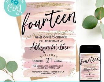 14th birthday invitation girl, fourteen editable invitation, Rose gold birthday invitation, Smartphone invitation, Digital template