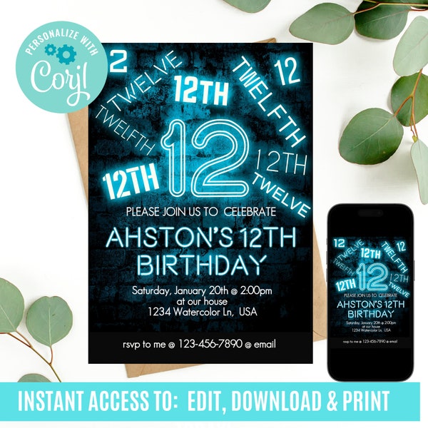 12th birthday, 12th birthday invitation, birthday invitation, birthday invitations for boys, Neon Birthday Invite, boys 12th birthday