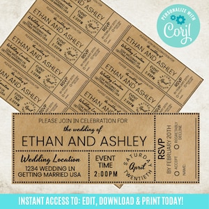 Vintage Ticket Pintables, bearbeitbare Hochzeitskarten, Hochzeitseinladung Vorlage zum ausdrucken, DIY Ticket, Hochzeitseinladung, Sofort Download