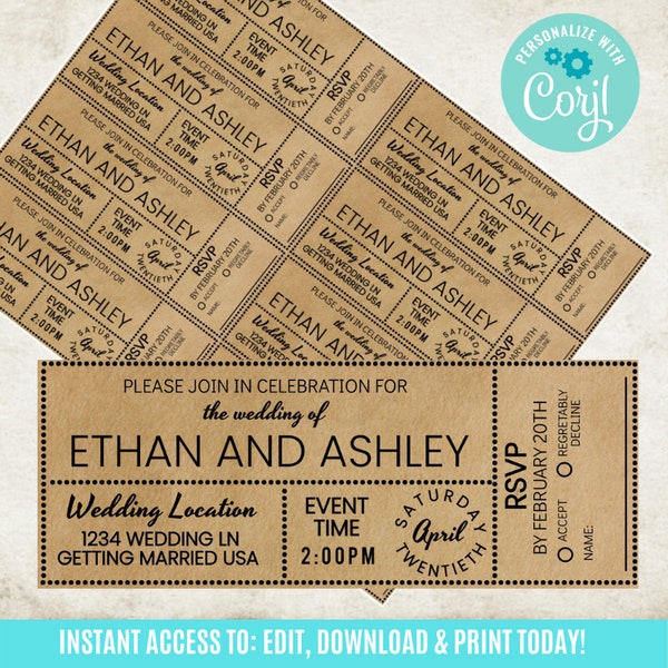 Vintage Ticket Pintables, Bewerkbare Trouwkaarten, Sjabloon Bruiloft Uitnodiging Afdrukbaar, DIY Ticket, Trouwkaart, Instant Download