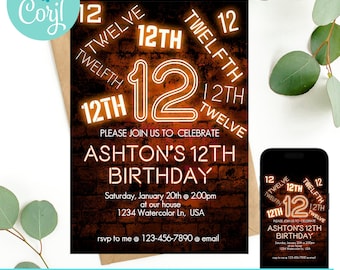 12th birthday, 12th birthday invitation, birthday invitation, birthday invitations for boys, Neon Birthday Invite, boys 12th birthday