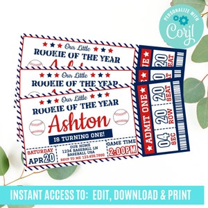 Baseball ticket invitation, Baseball Birthday, Baseball Baby Shower, Rookie of the Year, All Star, Baseball Party Decorations