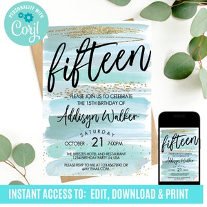 fifteen birthday invitation, girl invitations, birthday invitation, teenage girl birthday invitation, 15 invitation