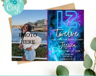 May include: A printable birthday invitation with a galaxy background and a neon blue number 12. The text "twelve" is written in a cursive font. The invitation is for Jessica's 12th birthday party. The invitation includes the date, time, and address of the party.