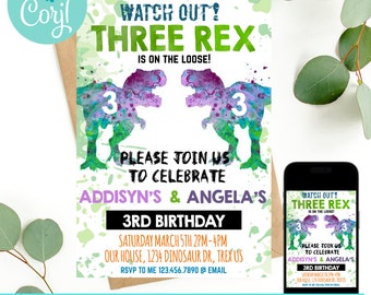 Twin Three Rex Invitation, Three Rex Birthday Invitation Instant Download, Three Rex Invite Printable Dinosaur 3rd Birthday T-Rex Invite